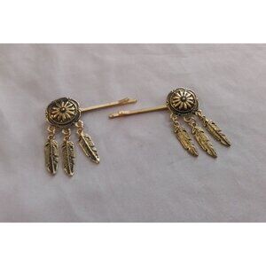 Vintage Gold Tone Feather Hairpins Bobby Pins Western Concho Design For Womens